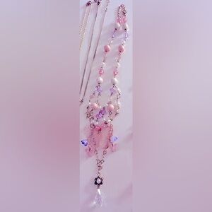 Necklace Hearts, Butterflies Flowers, Crystals Pink, Lavender, Acrylic, Magical